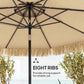 Umbrella interior showing ribs and black center pole under beige canopy fabric
