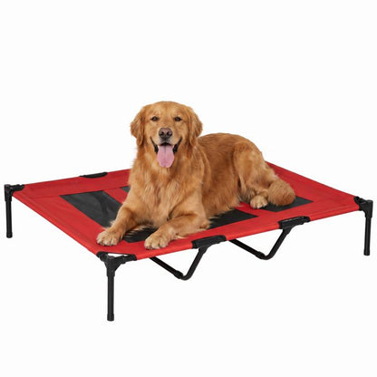 Red elevated dog cot with black metal legs and breathable black mesh panels