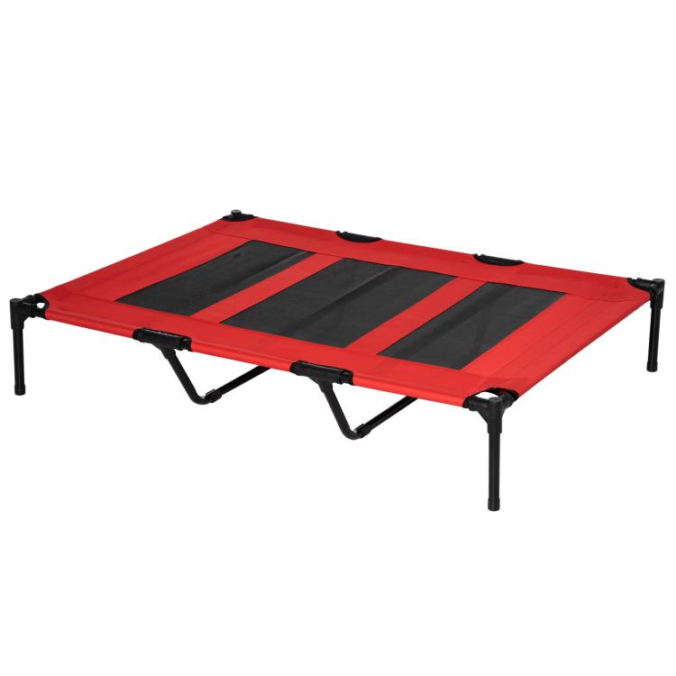 Red and black raised pet bed cot with breathable mesh top and stable metal frame