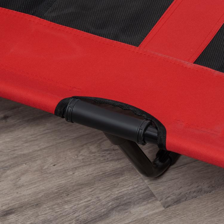 Red elevated dog cot with black metal frame and corner sleeve