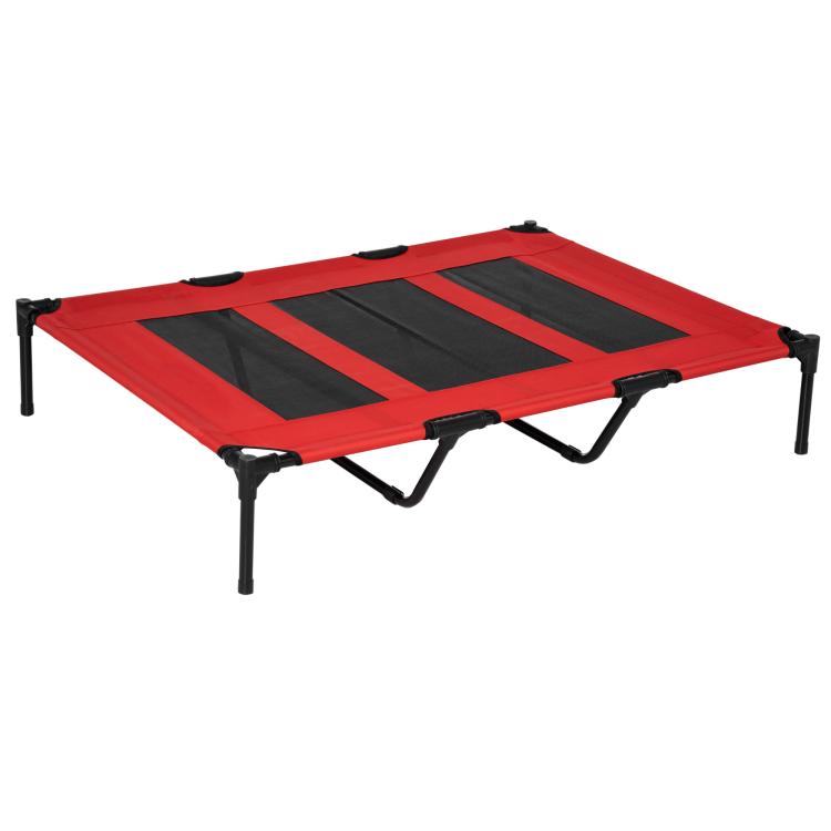 Red elevated dog cot with breathable black mesh panels and four standing legs