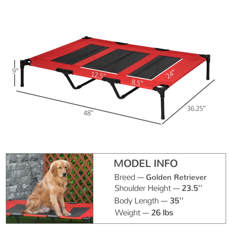Red raised dog cot with black mesh top and metal frame, size diagram