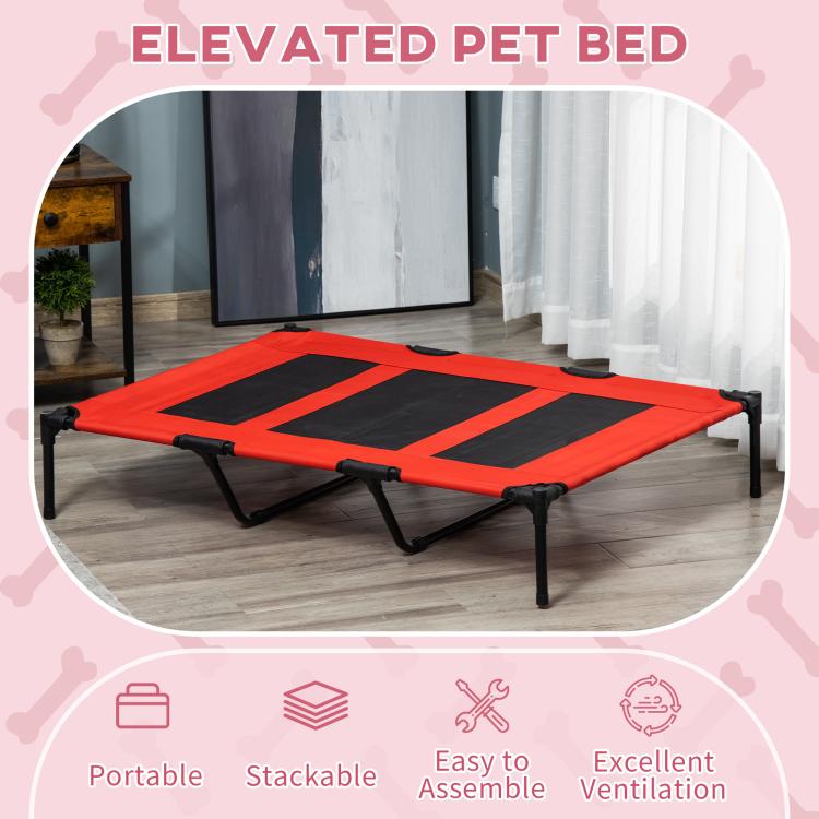 Red elevated pet bed cot with black mesh panels on black metal frame