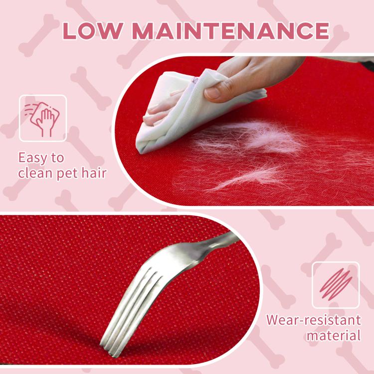 Red pet bed fabric surface with wiping action for cleaning