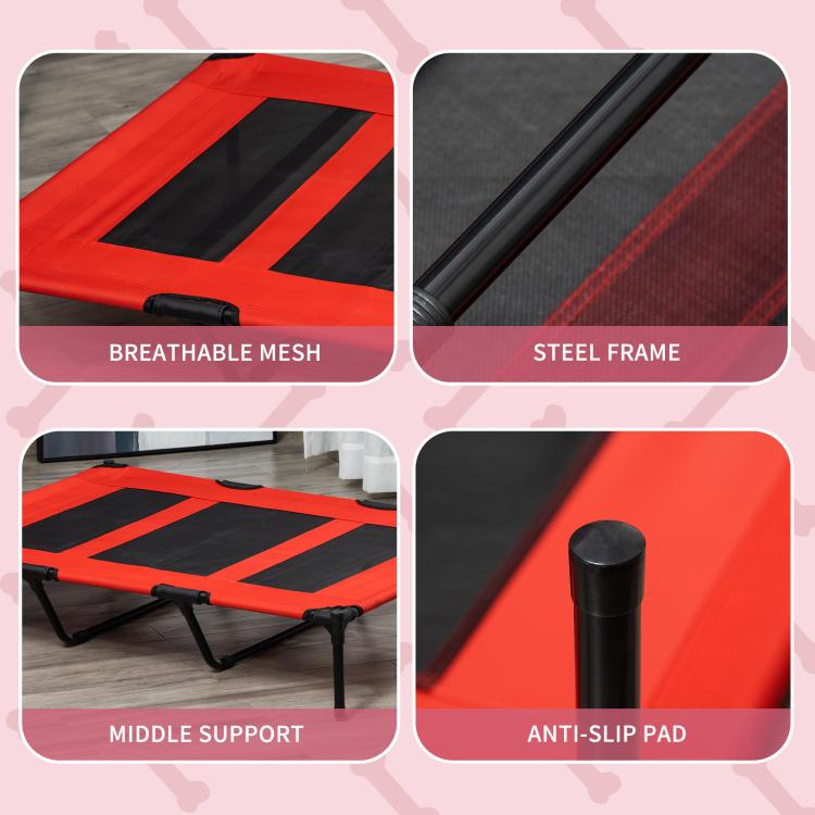 Red elevated dog cot with breathable black mesh and steel frame details