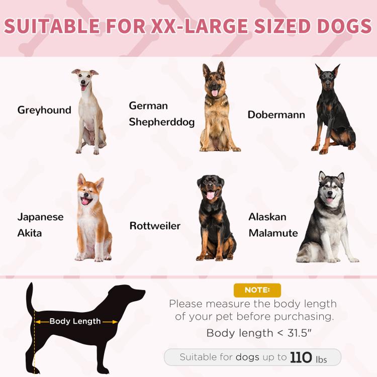 Elevated pet bed shown for XX-large dogs with multiple dog silhouettes