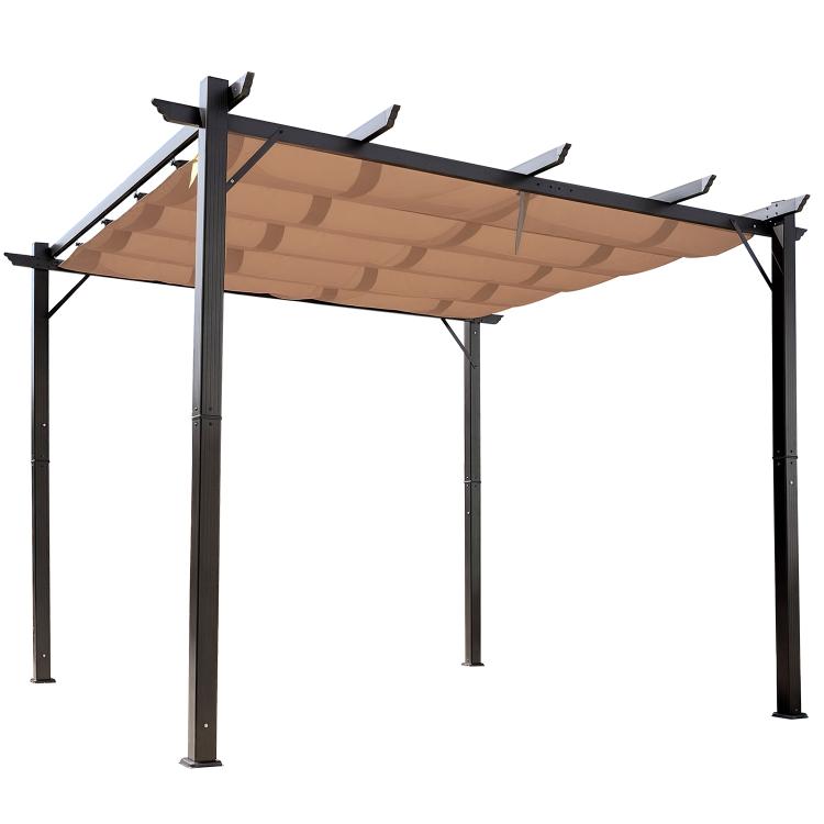 Brown retractable canopy pergola with black aluminum frame and four posts
