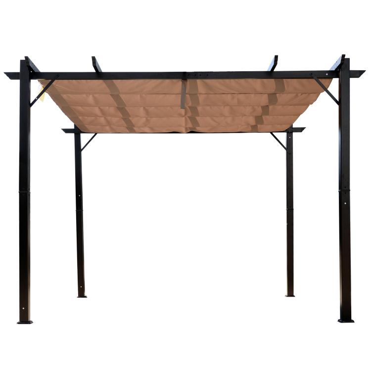 Brown retractable canopy pergola front view with four black posts and crossbars