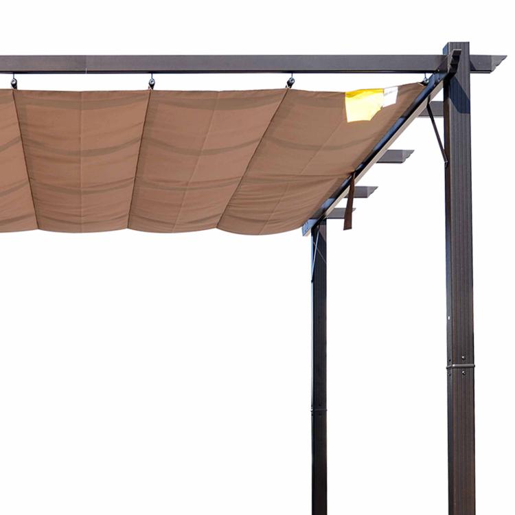 Brown retractable canopy on dark metal pergola, side view