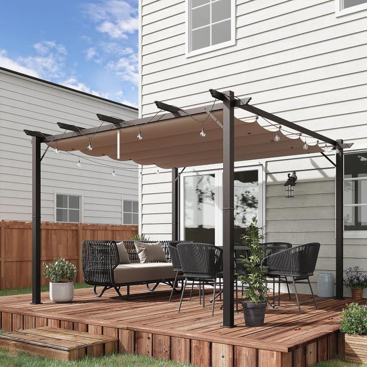 Outdoor pergola with brown retractable canopy over patio seating and black posts