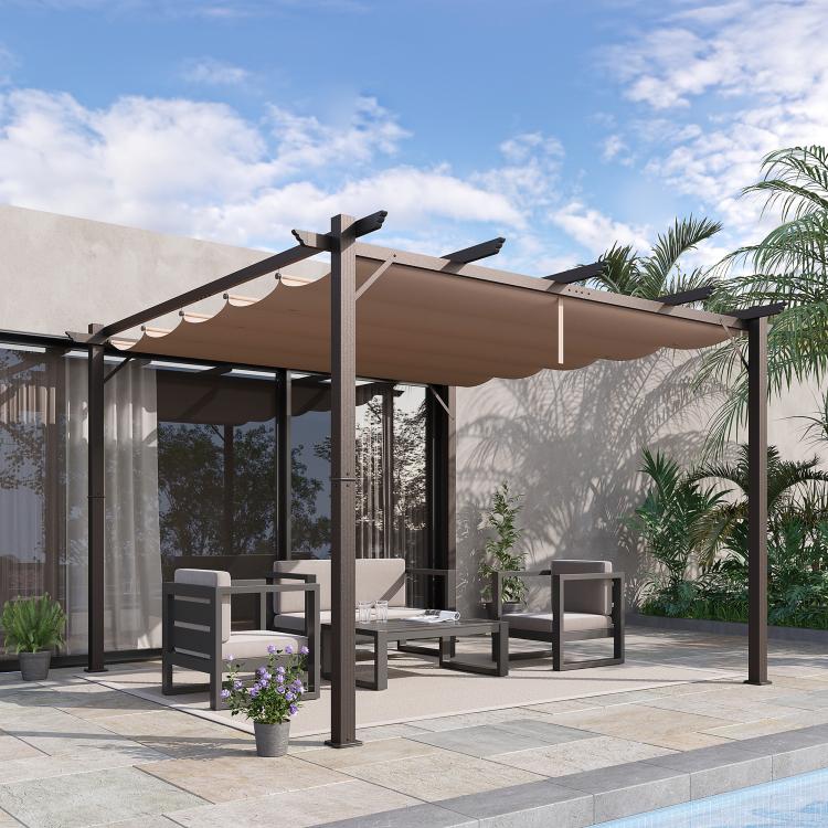 Brown retractable canopy pergola with four black posts on an outdoor patio