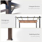 Black square posts and brown retractable canopy on aluminum pergola frame