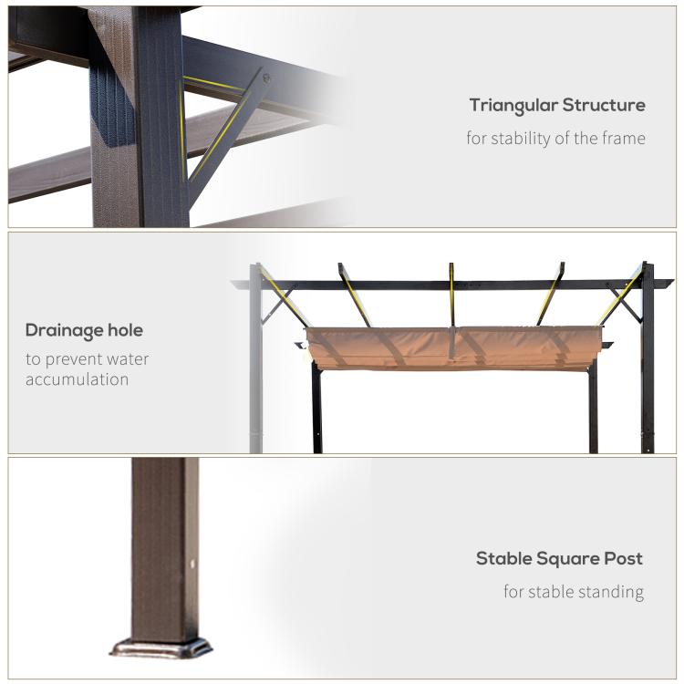Black square posts and brown retractable canopy on aluminum pergola frame