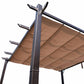 Close-up of brown retractable canopy on black pergola frame with support bars
