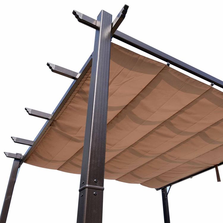 Close-up of brown retractable canopy on black pergola frame with support bars