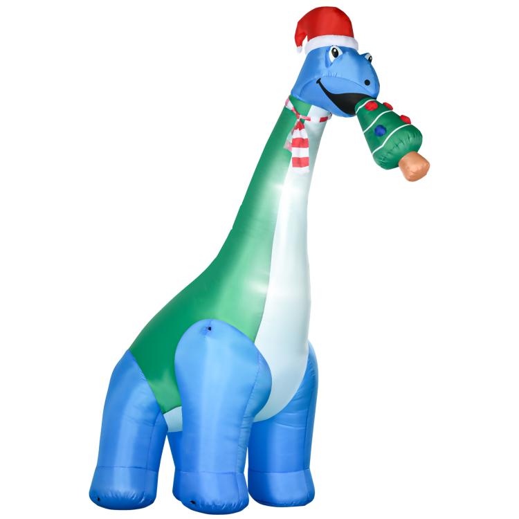 Inflatable blue dinosaur Christmas yard decoration with red Santa hat and scarf, glowing