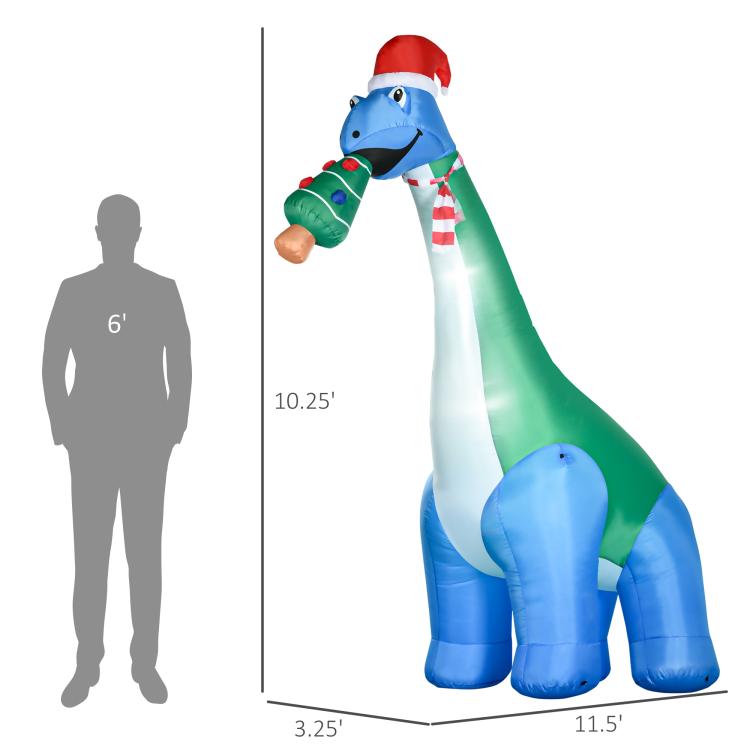 Inflatable dinosaur Christmas decoration with Christmas tree in mouth, size shown