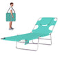 Light green folding chaise lounge chair with face pillow, arm slots, and metal frame