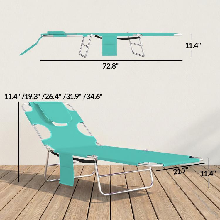 Light green adjustable chaise lounge chair with face pillow and sturdy steel frame
