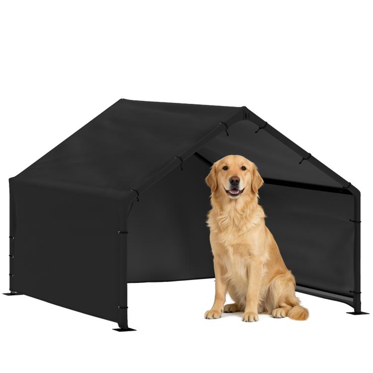 Black outdoor dog shade shelter tent with canopy and open sides, steel frame