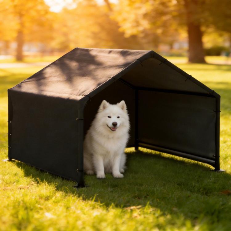 Black outdoor dog shelter tent with canopy, white dog standing by entrance