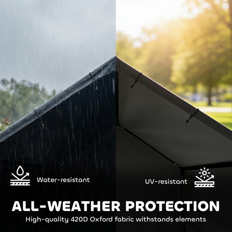 Black outdoor dog tent shelter with slanted canopy roof and enclosed walls
