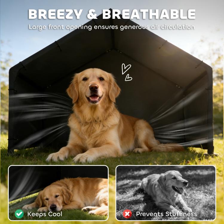 Black dog tent shelter with large front opening, dog resting inside on grass