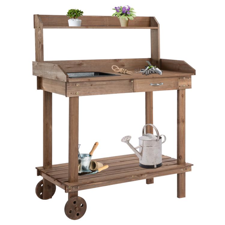 Brown wooden potting bench with sink basin cutout, drawer, and two open tiers