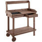 Brown wooden potting bench with sink basin, drawer, lower shelf and wheels
