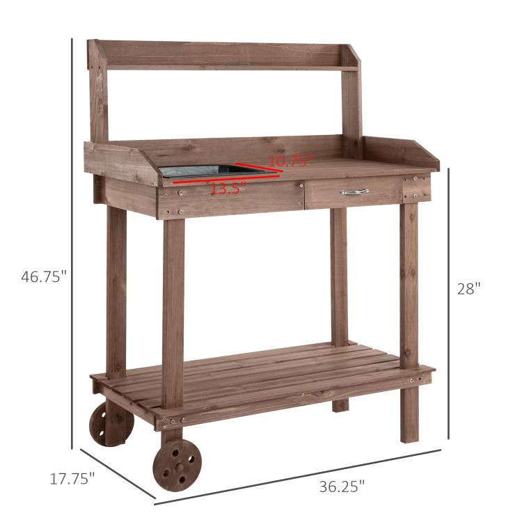 Wood potting bench with sink opening, drawer, and lower slat shelf; 36.25 in wide
