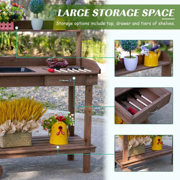 Wood potting bench with drawer and open storage tiers surrounding the sink area