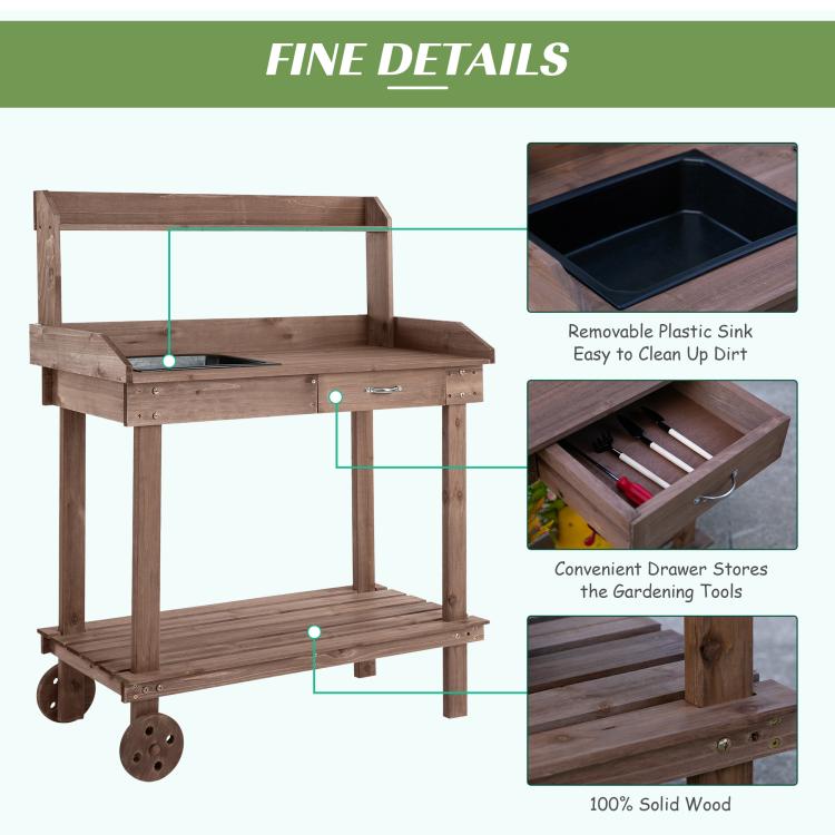 Wood potting bench with removable plastic sink and tool drawer; two-tier frame