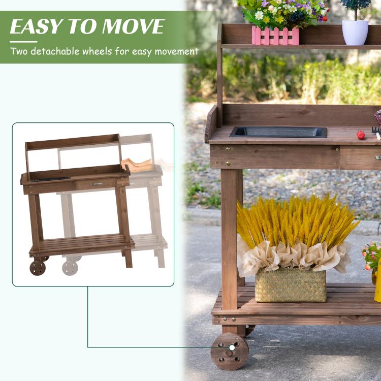Wood potting bench with two detachable wheels and open storage shelves