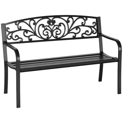 Black metal 2-seat garden bench with decorative scrollwork back and slatted seat
