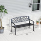 Black metal garden bench with ornate back panel and slatted seat, padded arm supports
