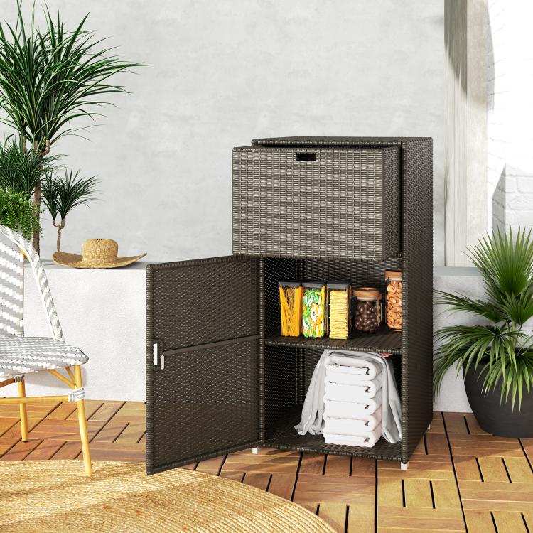 Outdoor towel rack cabinet with drawer, dark brown, open side storage shelves