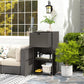 Outdoor towel storage cabinet with open door and drawer, dark wicker weave