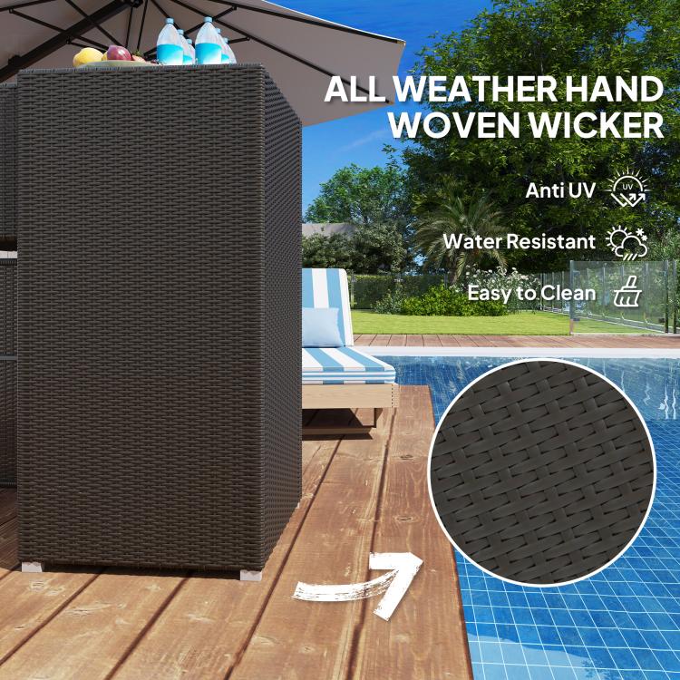 All-weather wicker cabinet with door and side drawer, dark brown weave