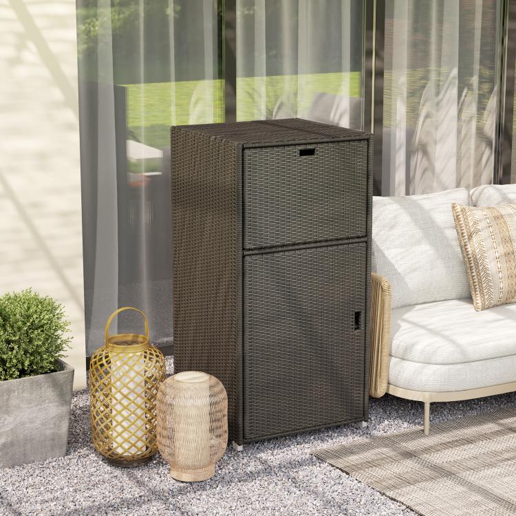 Outdoor wicker storage cabinet with drawer and door, dark brown