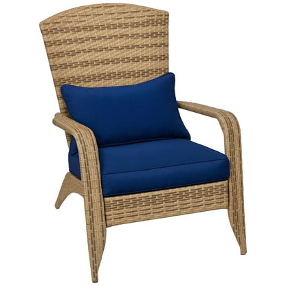 Rattan wicker patio Adirondack chair with dark blue back and seat cushions