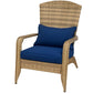 Dark blue cushioned rattan wicker Adirondack patio chair with tall curved backrest