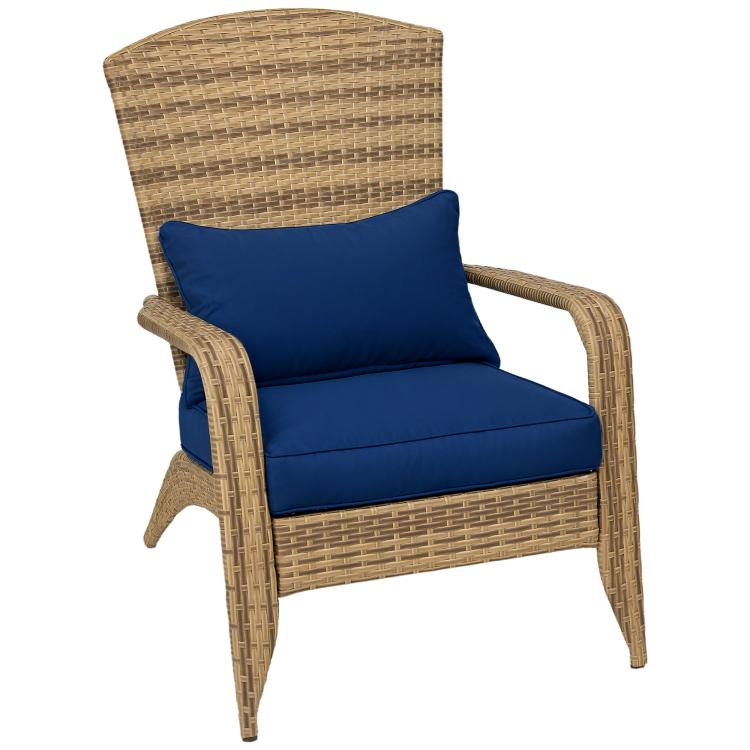 Rattan wicker patio chair with tall curved backrest and dark blue soft cushion