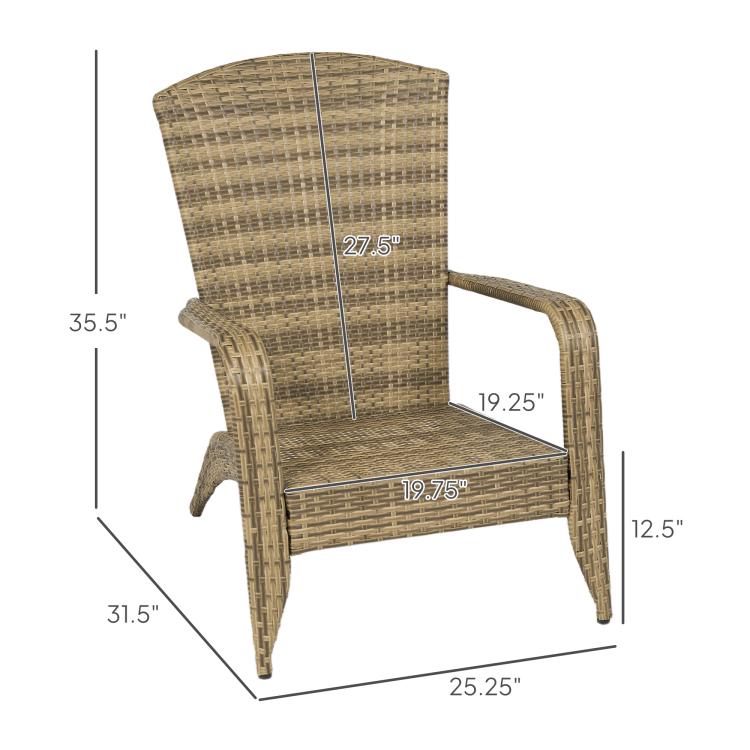 Measured rattan wicker Adirondack chair with dark blue seat cushion and tall backrest