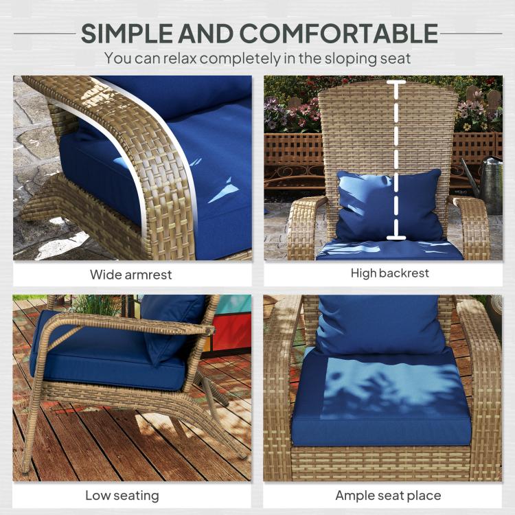 Rattan wicker Adirondack chair with dark blue cushions, wide armrests and high back