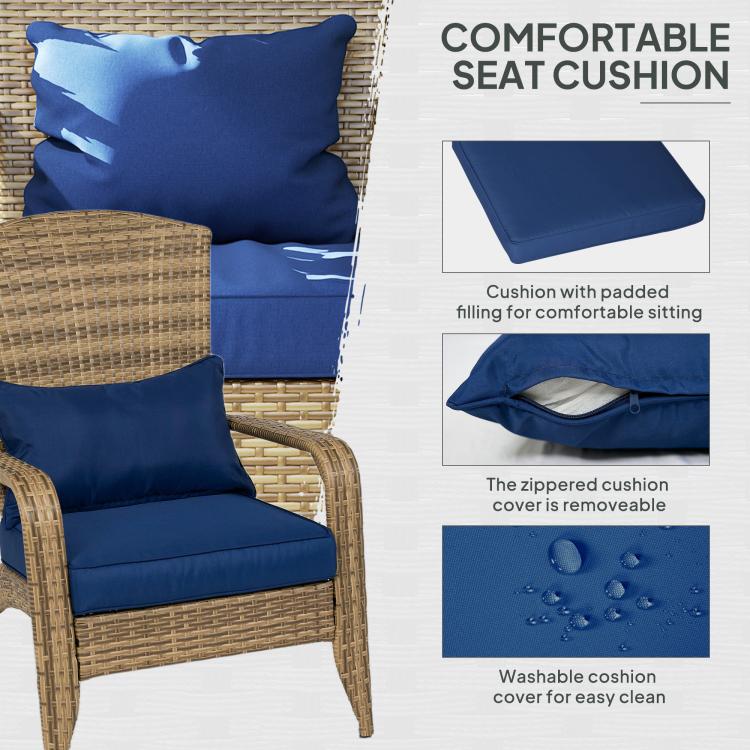 Dark blue padded cushion set for rattan wicker Adirondack chair, zippered cover