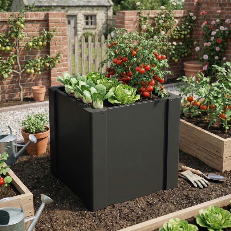 Black raised garden planter box with open top, soil bed, and gardening gloves nearby
