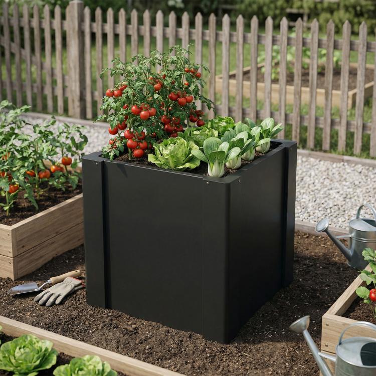 Black raised garden bed planter box outdoors with vegetables and a pair of gloves