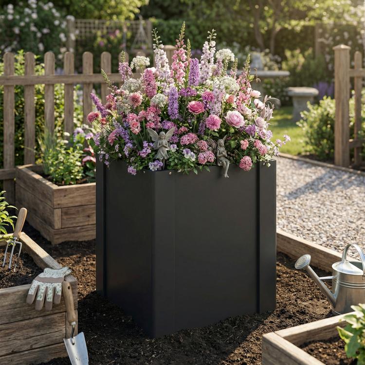 Black square raised garden bed planter box filled with pink and purple flowers