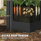 Black raised garden bed planter box with open cutout showing roots and soil depth
