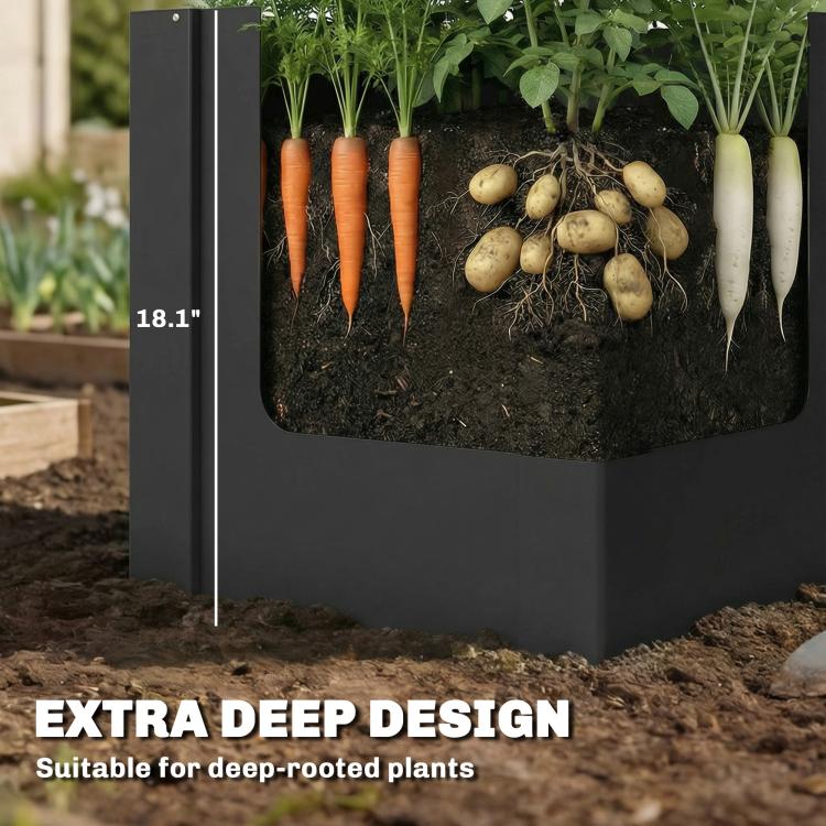 Black raised garden bed planter box with open cutout showing roots and soil depth